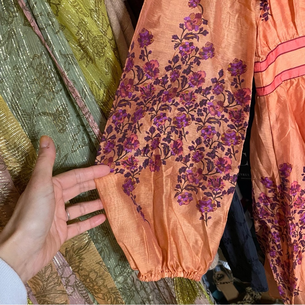 CIEBON Mango Orange Purple Floral Long Sleeve Linen Blend Dress! - Picture 9 of 15
